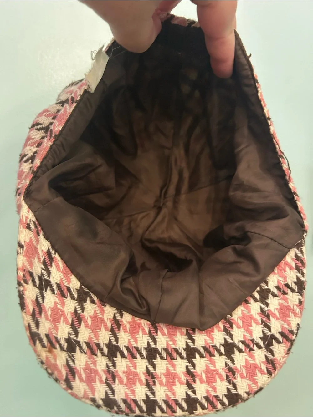 Women's VTG Pink Brown Houndstooth Newsboy Hat Cap Y2K Plaid